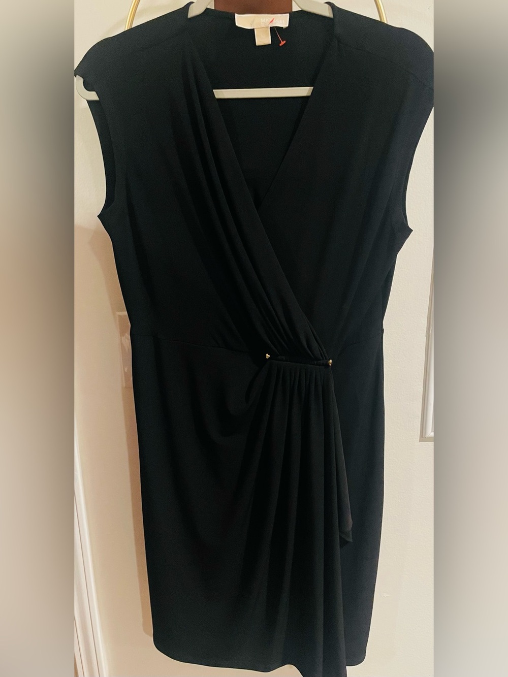 Michael Kors Black One-Shoulder-Inspired Draped Cocktail Dress with Gold Accents